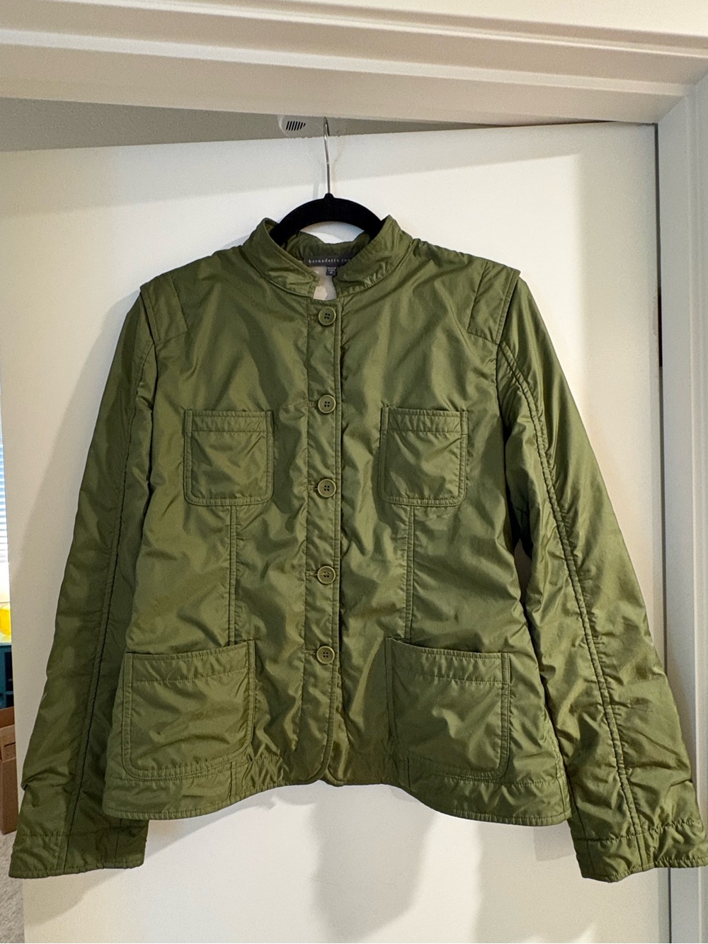 Bernadette Conte Womens Olive Green Quilted Button-Up Jacket Size 10